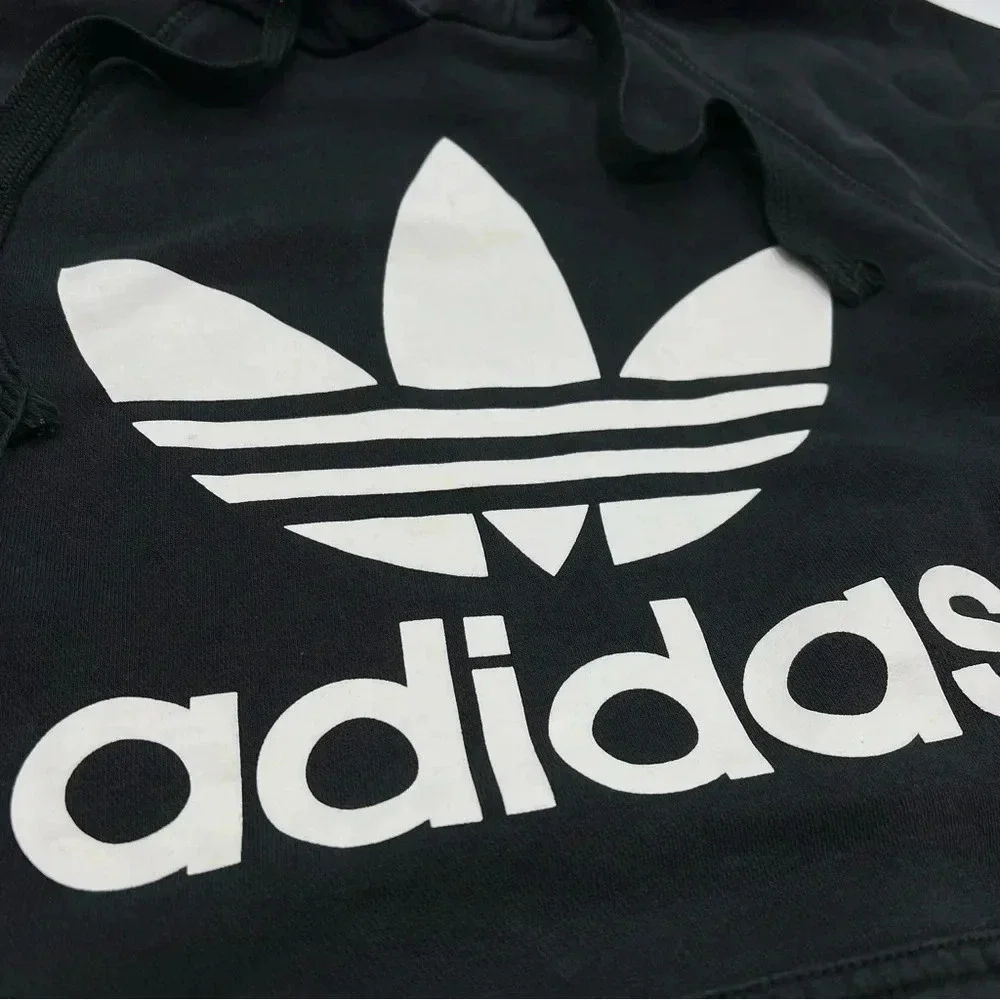 Adidas Tre-Foil Hoodie Men’s M Black Sweatshirt Spell Out Big Logo Pullover READ